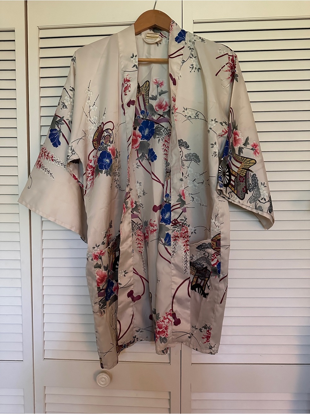 Floral Satin Kimono Robe in Champagne with Blue & Pink Flowers